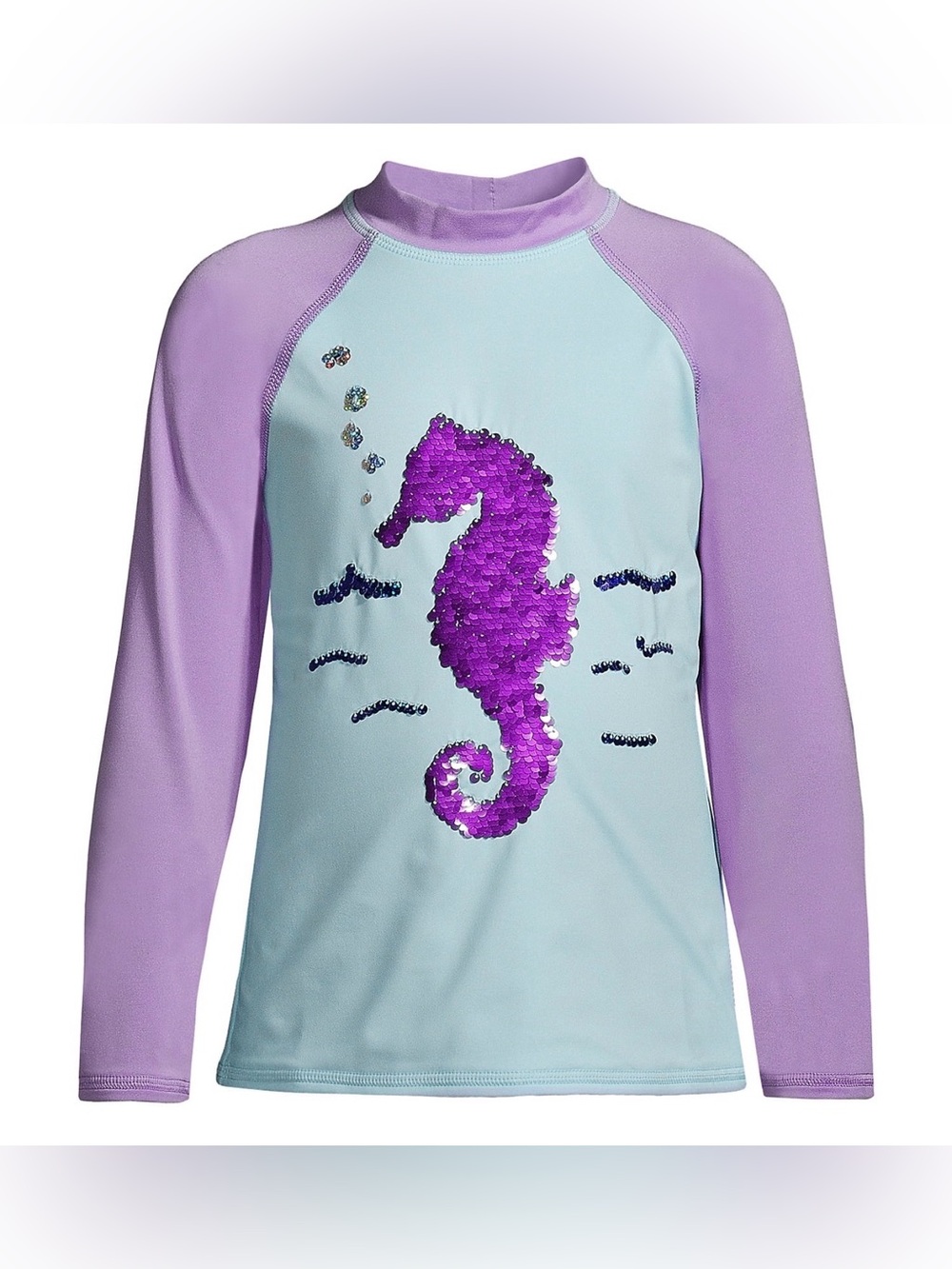 Lands' End Girls Plus Long Sleeve Sequin Mock Neck UPF 50 Swim Rash Guard